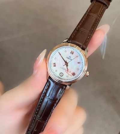 Omega 27/32MM Quartz Movement Green Dial 316L Steel Leather Strap Lady Watch